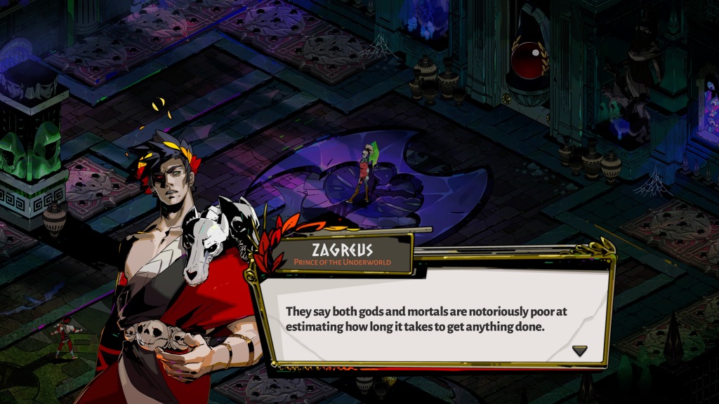 A screenshot of Zagreus from the video game Hades. He is speaking to Alecto.