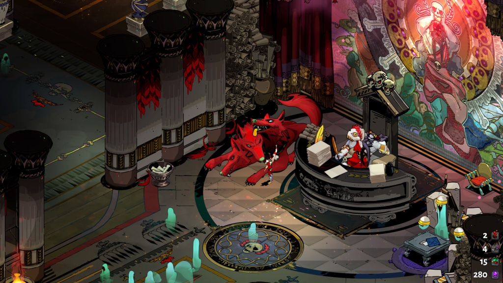 Screenshot from the video game Hades. Zagreus pets Cerberus. Hades works at his desk.